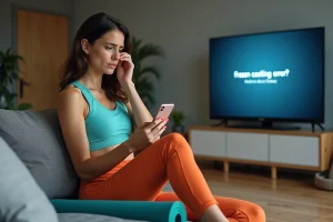 Femme en yoga frustrée regardant son smartphone dans le salon
