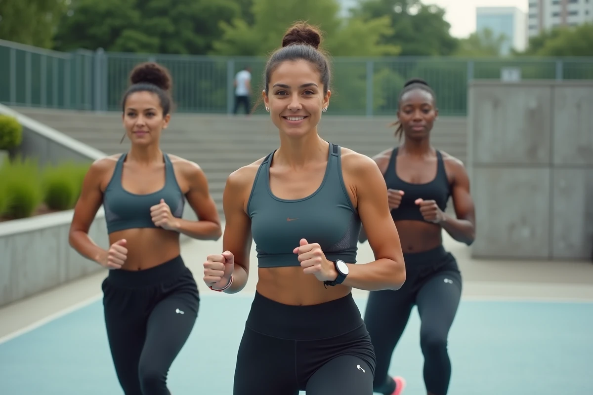 Groupe de femmes sportives pratiquant une séance de fitness fonctionnel en plein air dans un parc urbain moderne, reflétant les nouvelles tendances du sport collectif
