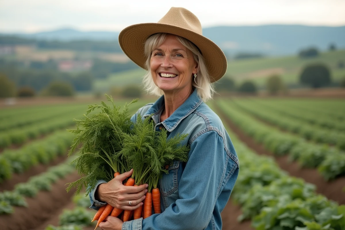Fermière avec carottes récoltées dans un champ