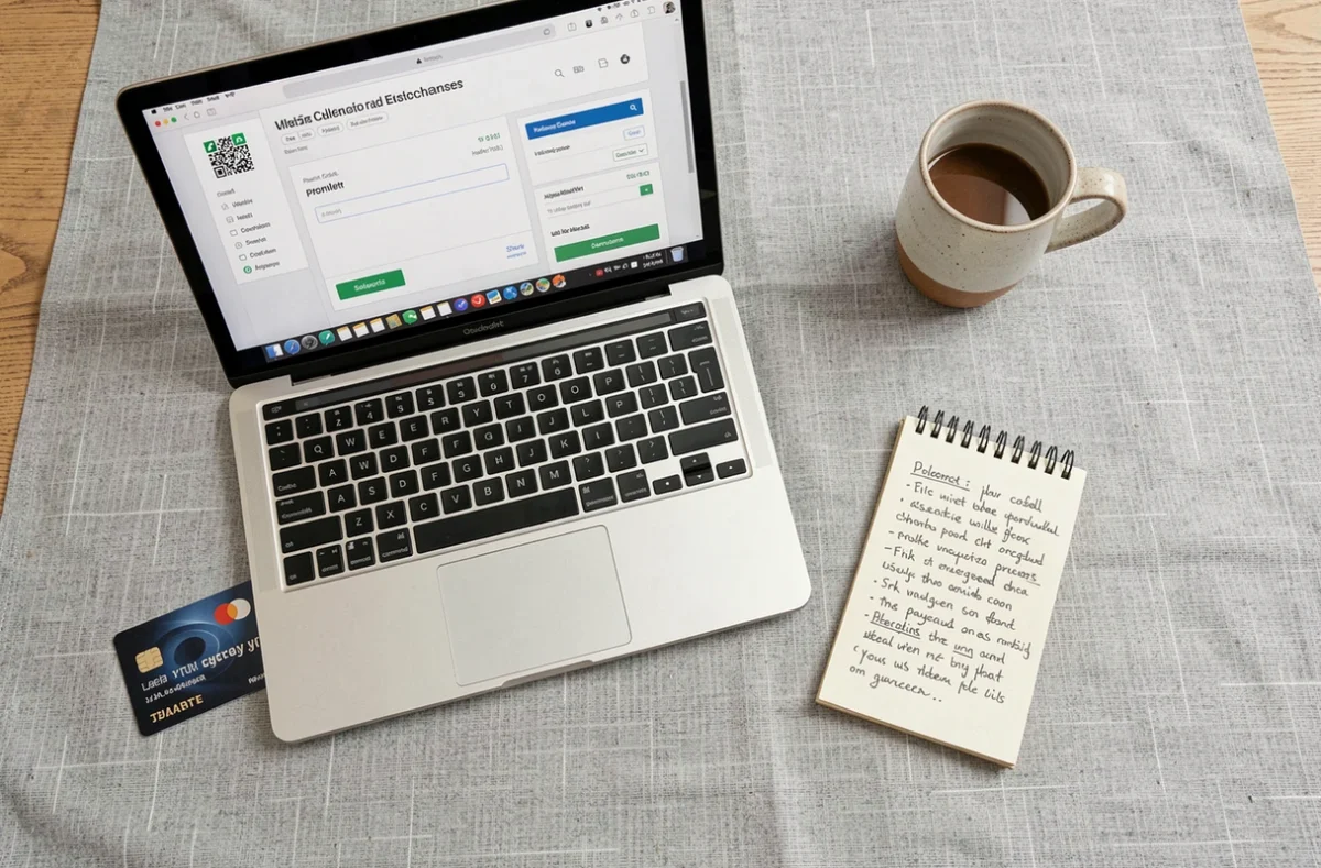 Vue aérienne d'un bureau minimaliste avec ordinateur portable sur une page de paiement en ligne, carte bancaire et notes manuscrites pour réussir ses achats web
