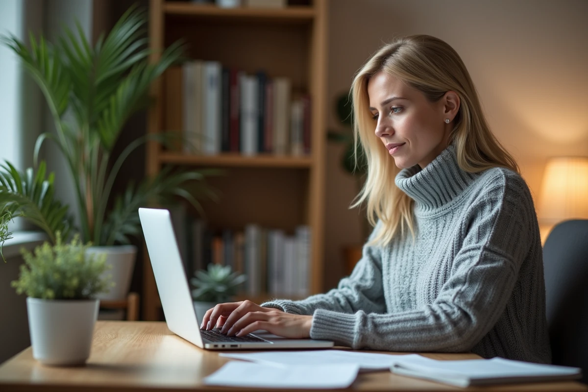 Femme gérant un sinistre en ligne sur son espace client assurance depuis un bureau à domicile