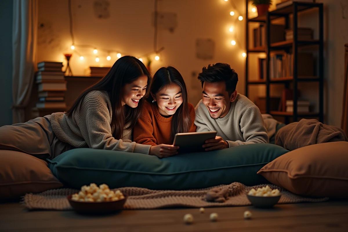 Groupe d'amis regardant un film en streaming gratuit sur une tablette dans un appartement urbain chaleureux