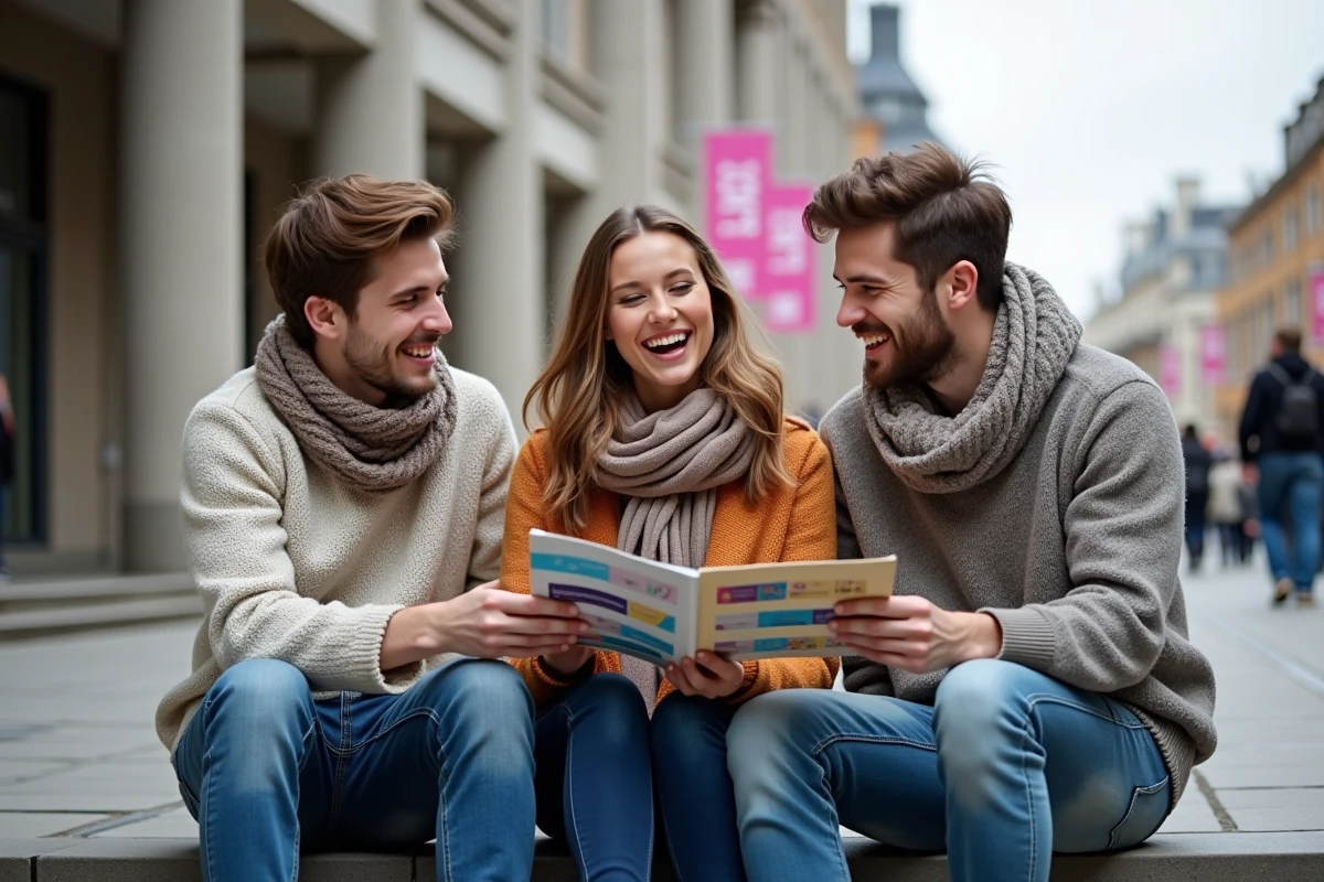 Groupe de jeunes discutant devant un musée d