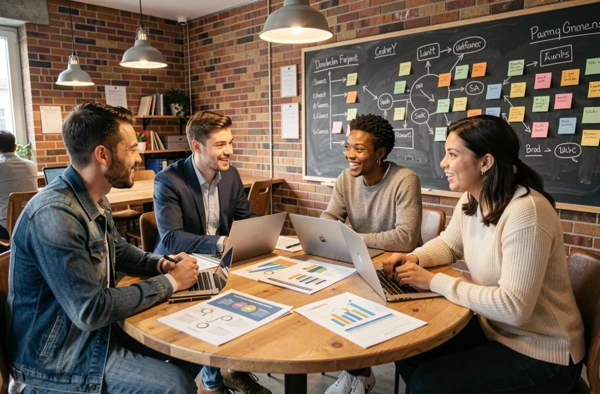 Groupe de jeunes professionnels discutant ensemble après une formation business dans un espace de coworking moderne