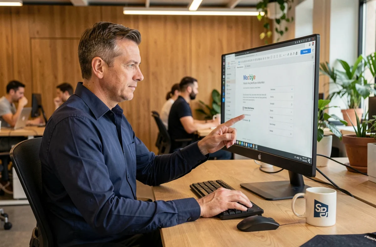 Homme d'affaires consultant un modèle de signature d'e-mail professionnel sur un grand écran dans un espace de coworking