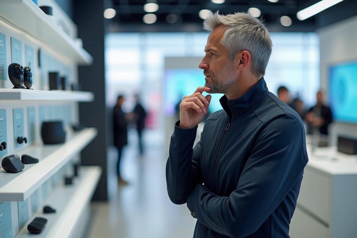Homme examinant des appareils connectés et écouteurs sans fil dans une boutique high-tech contemporaine