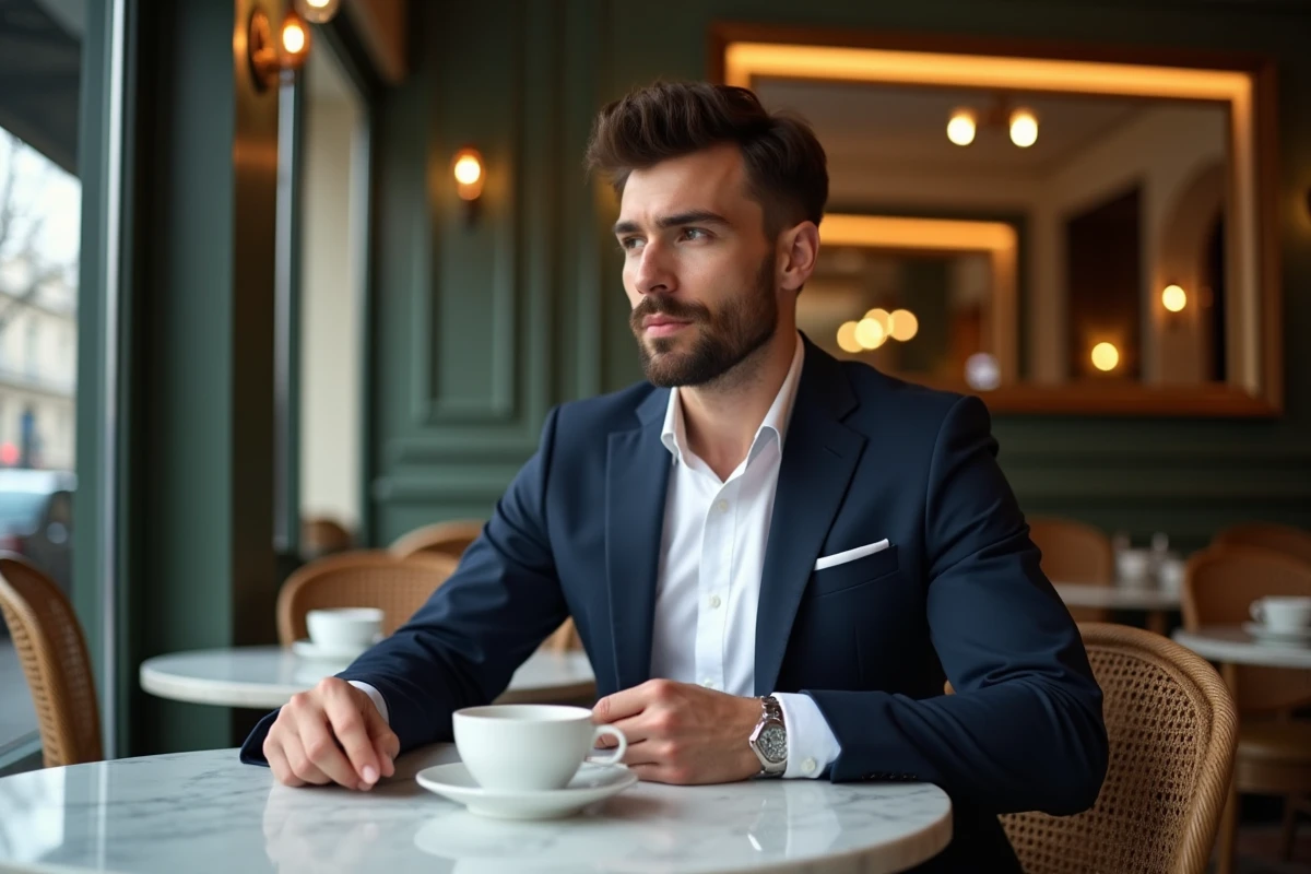 Homme en costume dans un café parisien