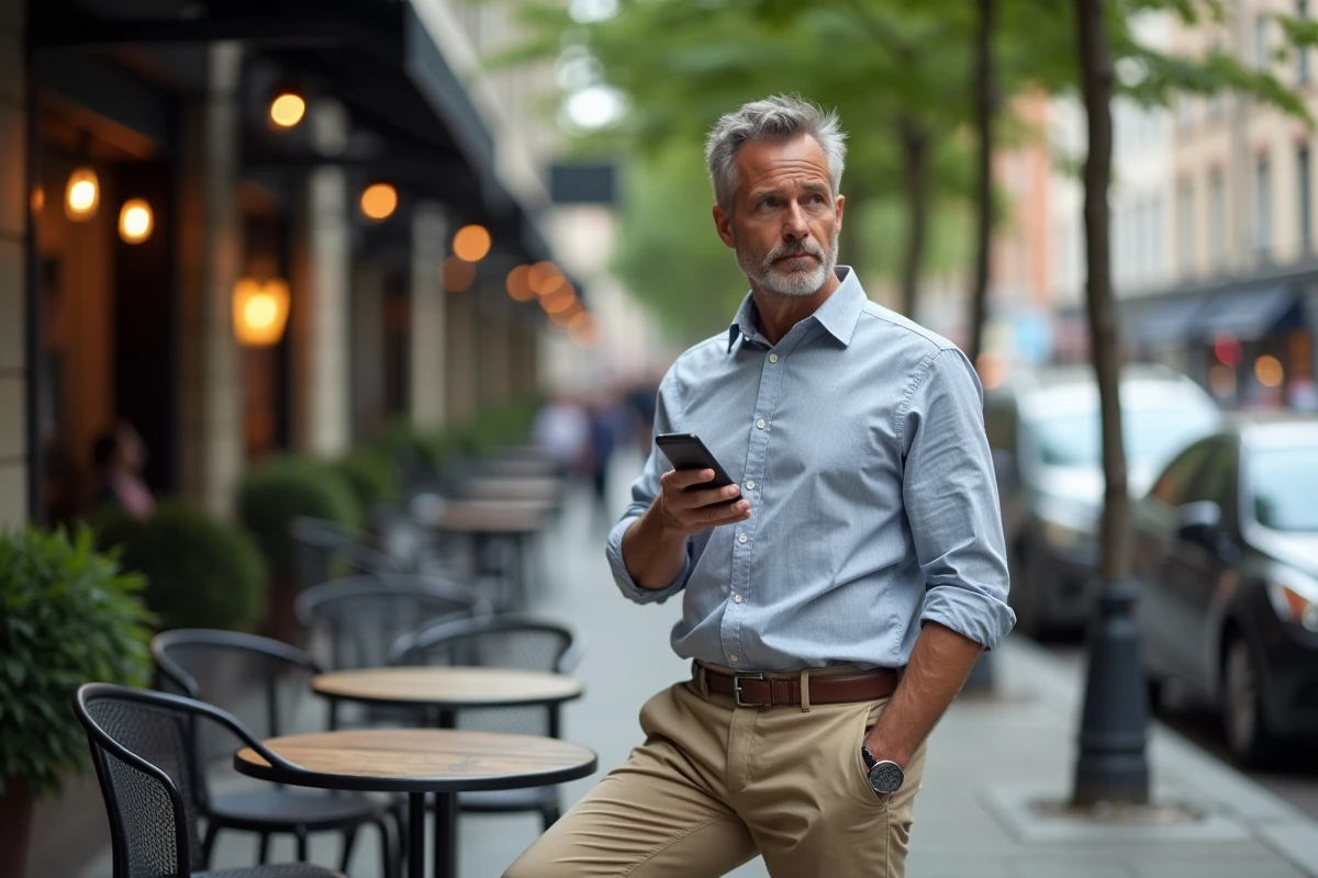 Homme d age moyen buvant un cafe en plein air dans un cafe urbain