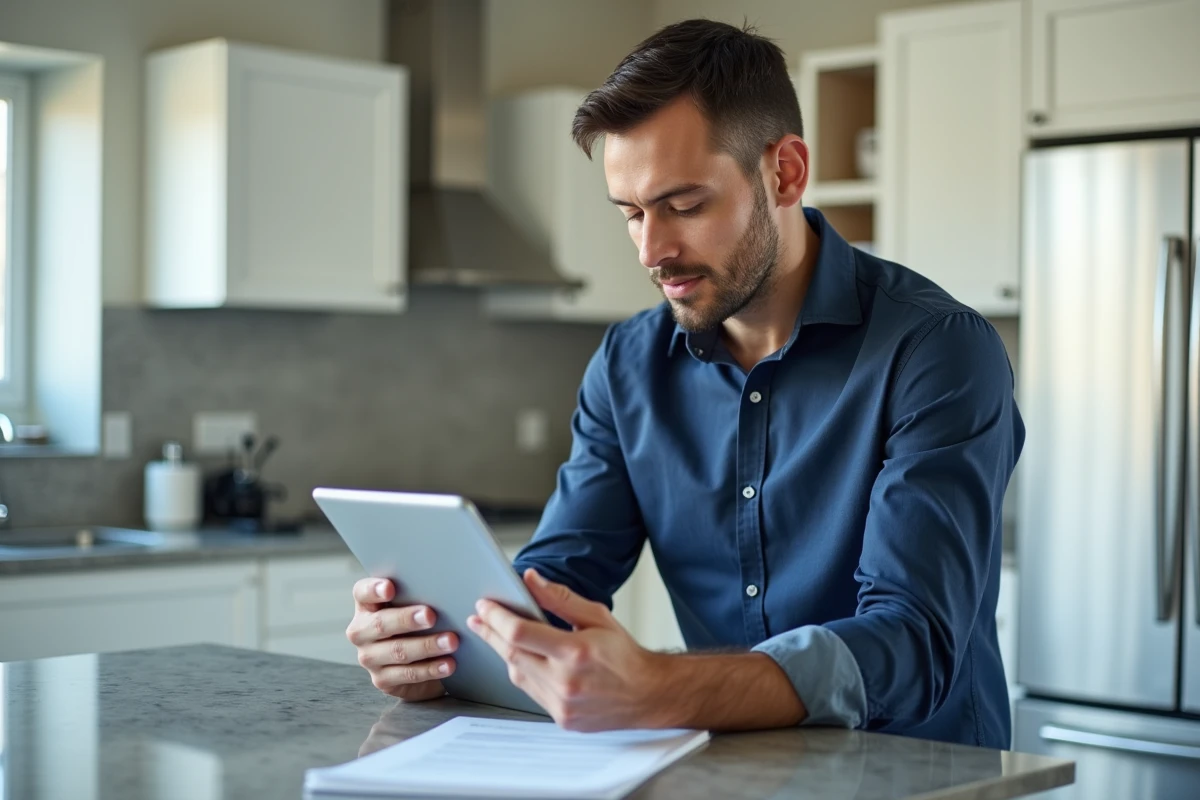 Homme consultant son espace client sinistre sur tablette dans une cuisine moderne