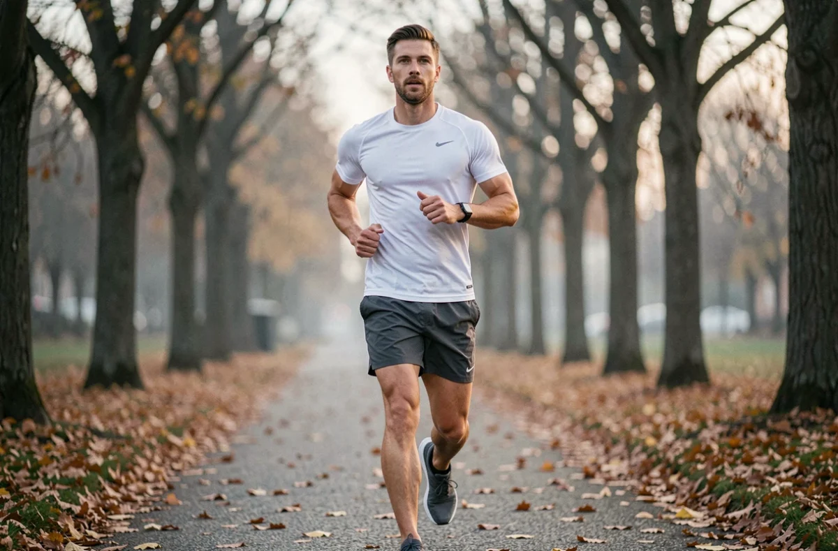 Homme en train de courir dans un parc urbain en automne, tenue de running légère, ambiance matinale naturelle et dynamique