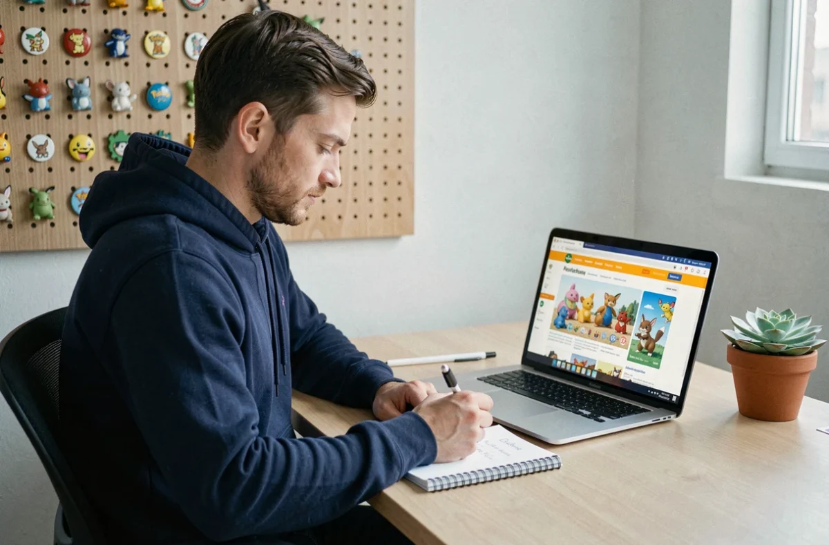 Homme consultant une encyclopédie Pokémon en ligne et prenant des notes dans un cahier
