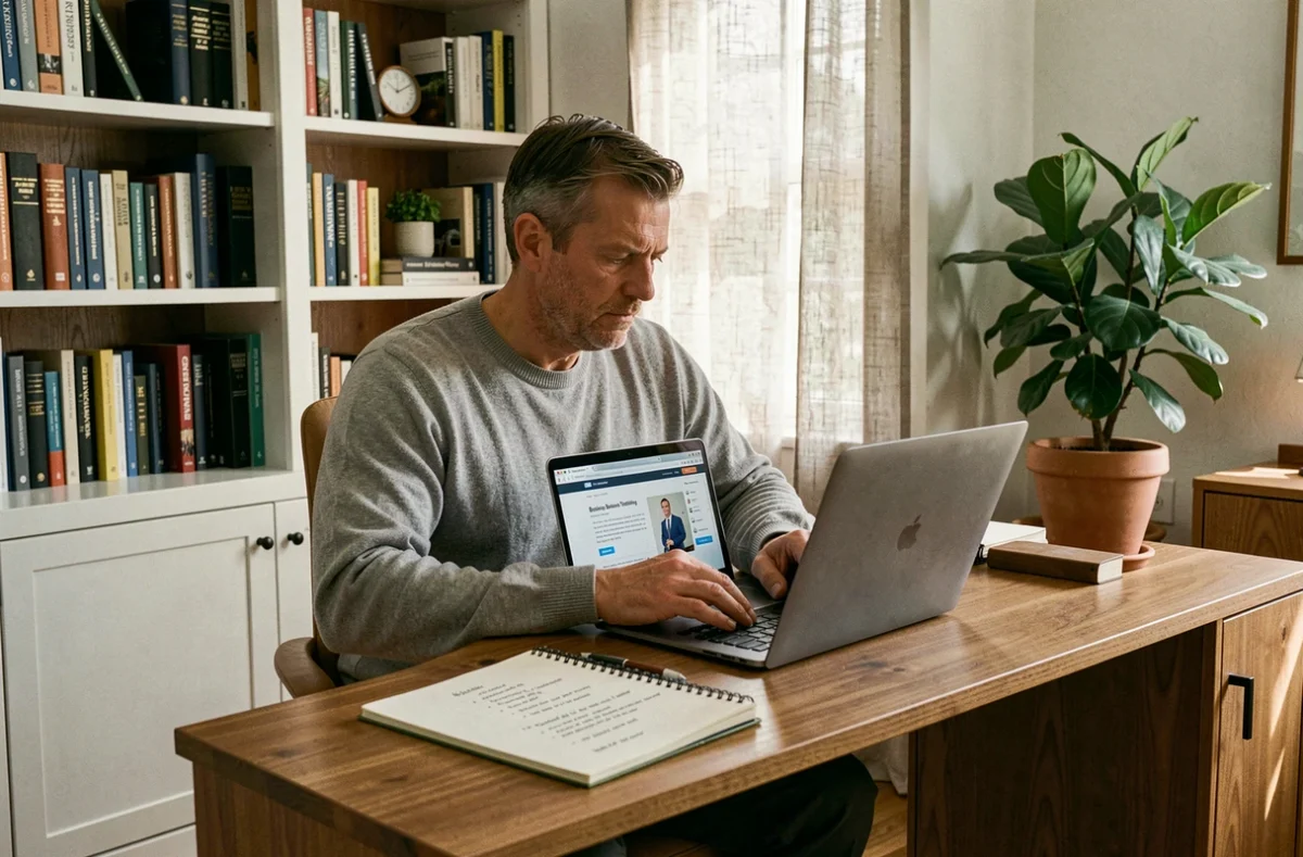 Homme en télétravail suivant une formation en ligne pour réussir dans le business depuis son bureau à domicile