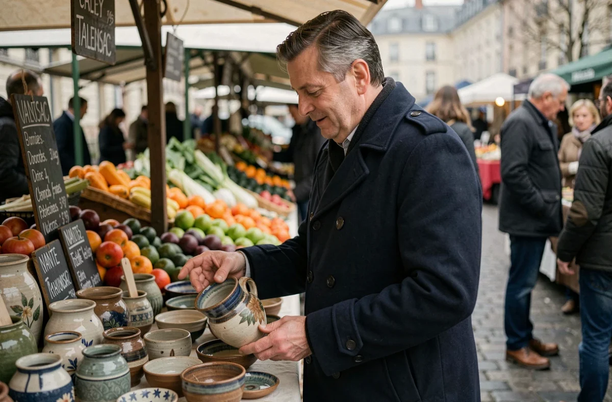 Homme parcourant les stands artisanaux du marché de Talensac à Nantes