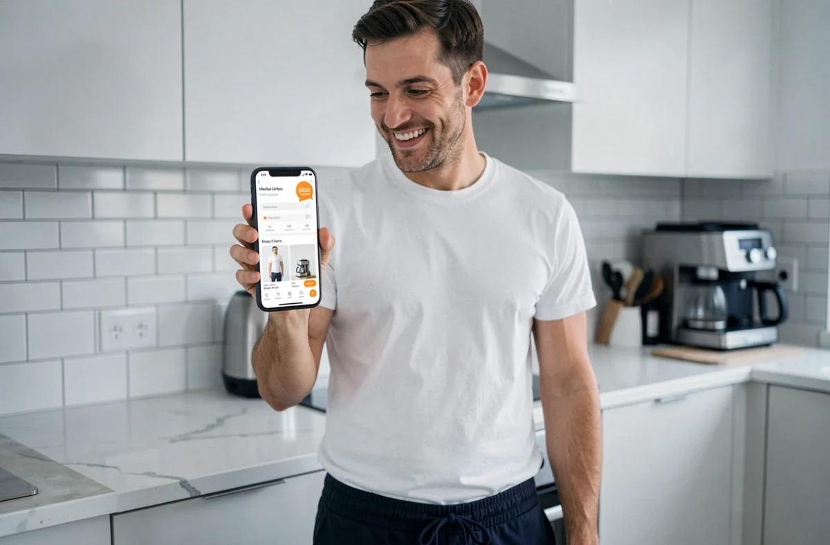 Homme souriant découvrant une offre promotionnelle sur une application de shopping depuis son smartphone dans une cuisine moderne