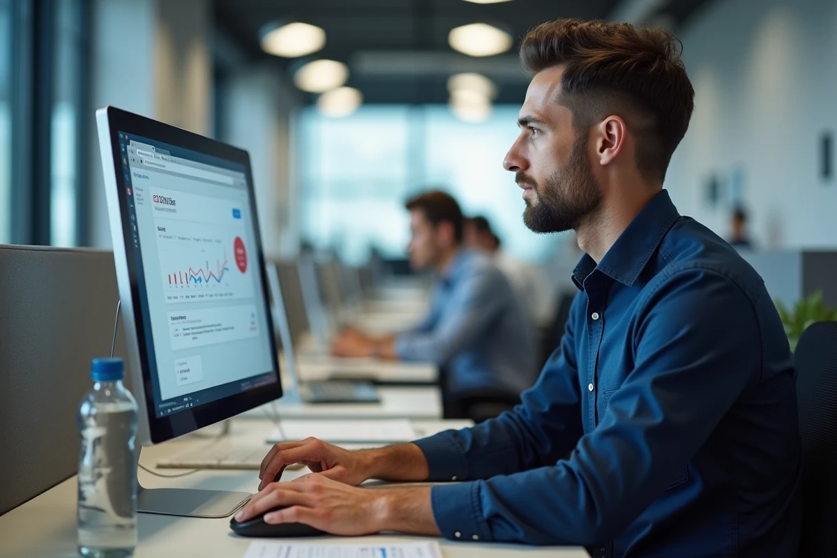 Man searching for an old bank statement online on a desktop computer in a professional environment