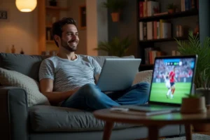 Jeune homme regardant un match de football sur son ordinateur