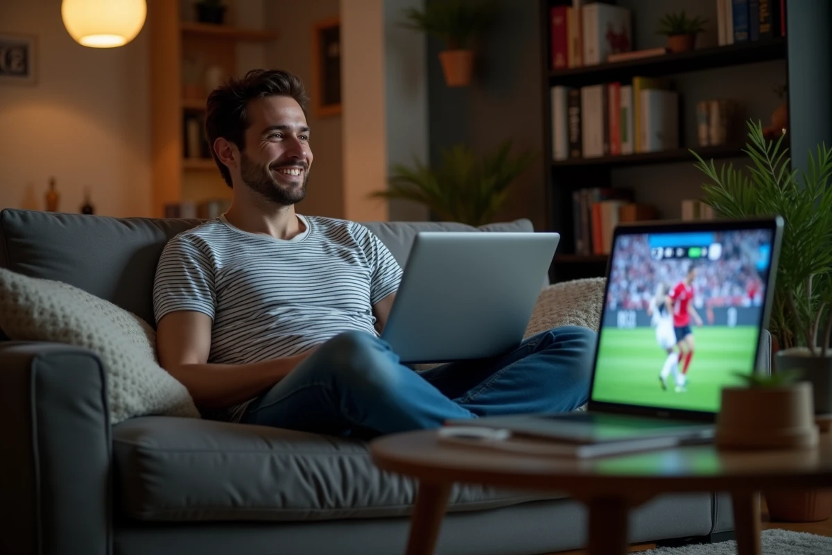 Jeune homme regardant un match de football sur son ordinateur