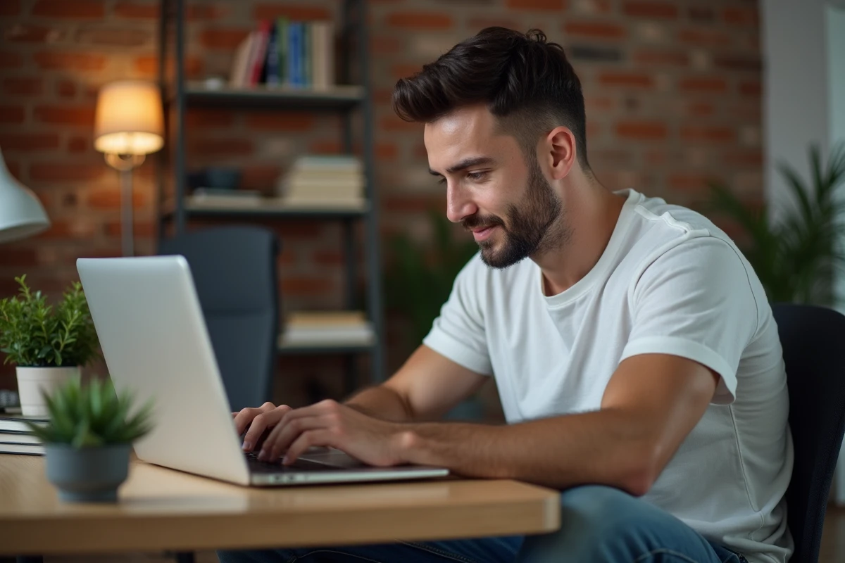 Homme parcourant des alternatives de streaming gratuit sur son ordinateur portable dans un bureau à domicile