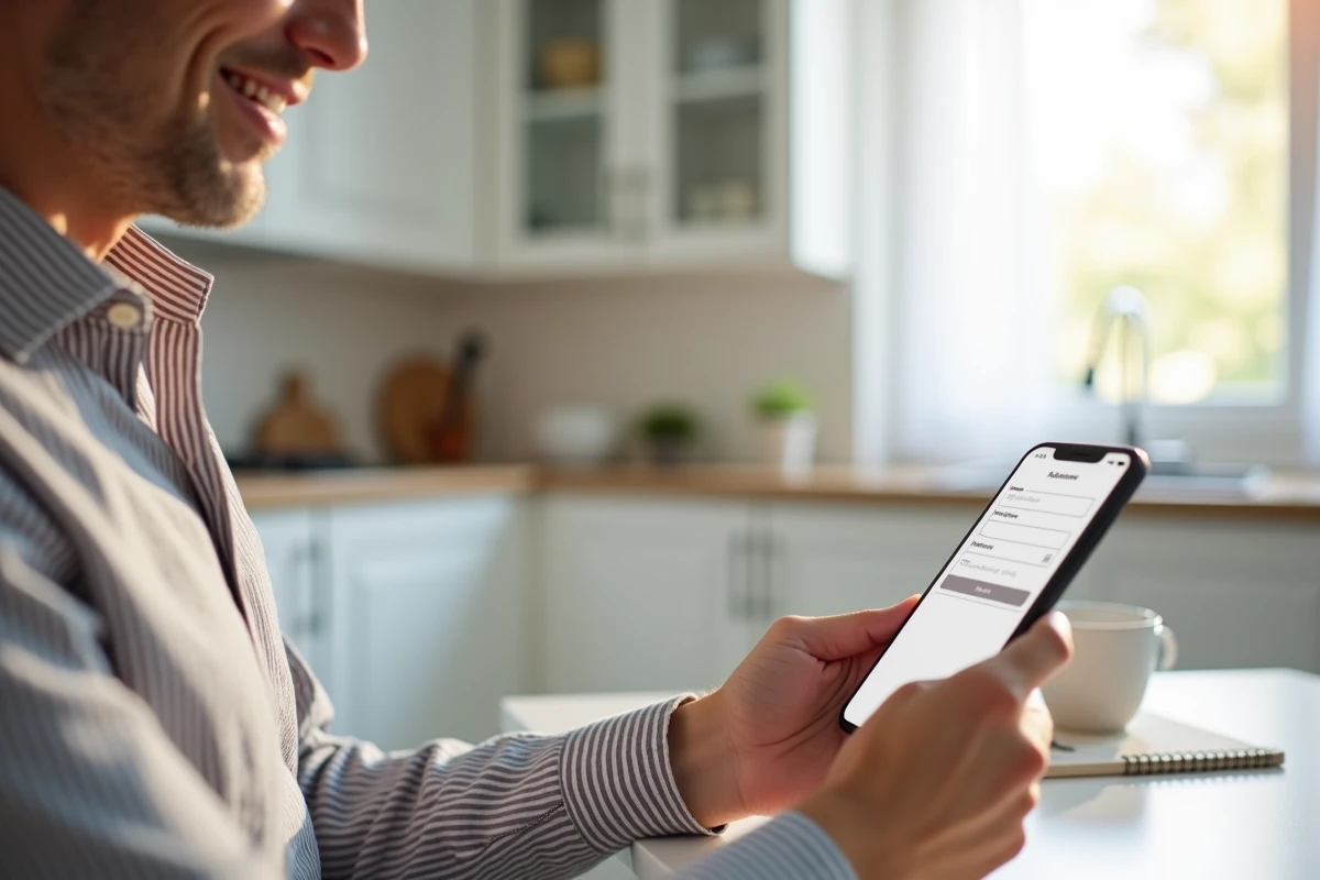 Personne créant un compte Gtrouve sur smartphone dans une cuisine moderne et lumineuse