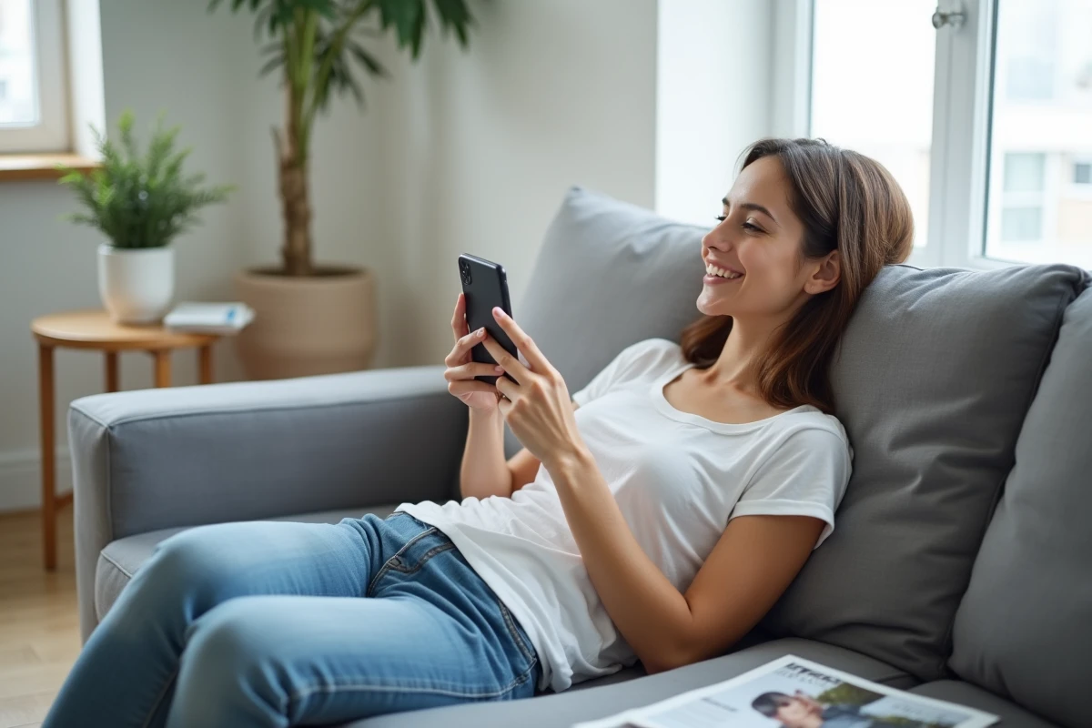 Jeune femme utilisant une application de magazines numériques sur smartphone dans un salon minimaliste