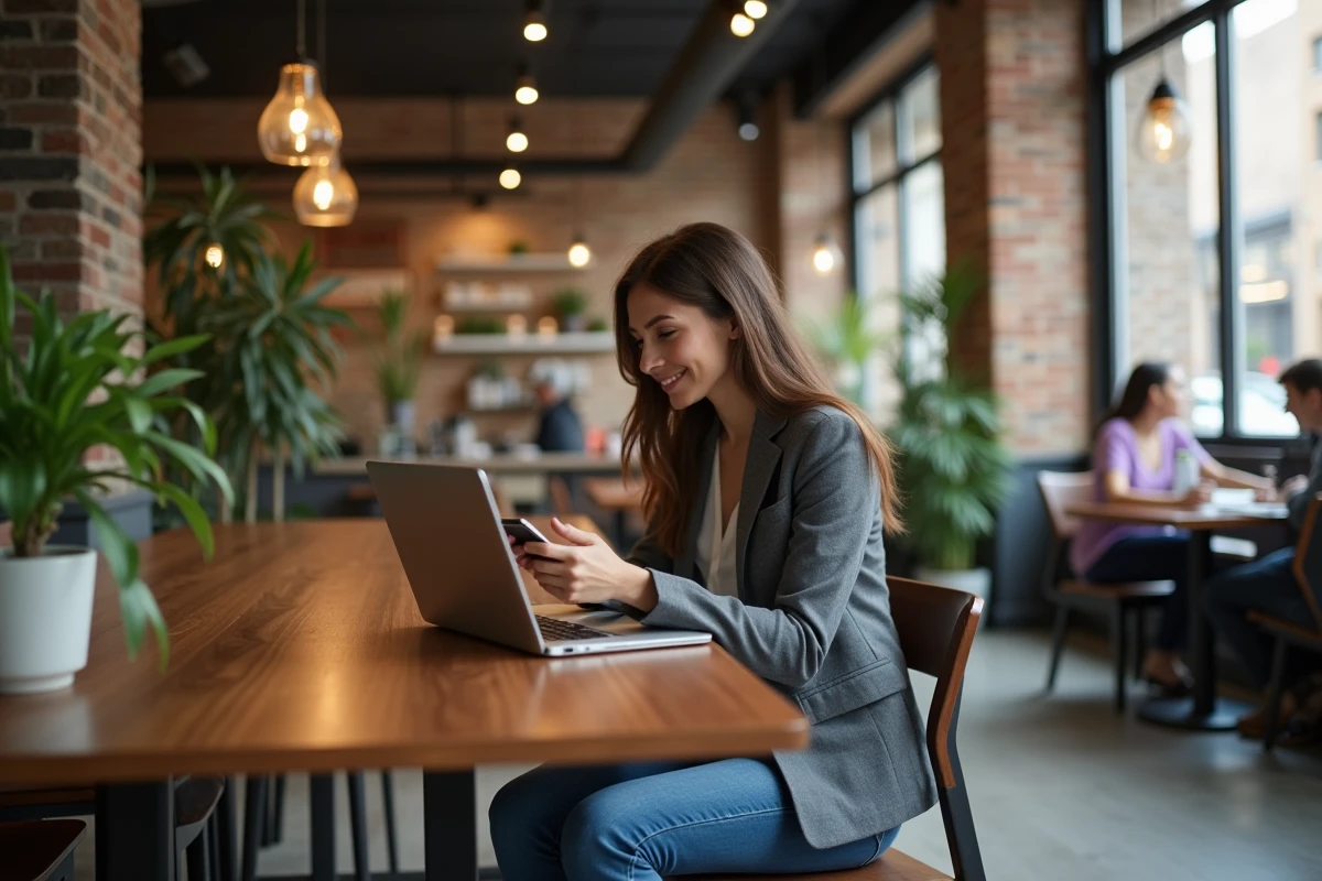 Jeune femme entrepreneure travaillant dans un café urbain