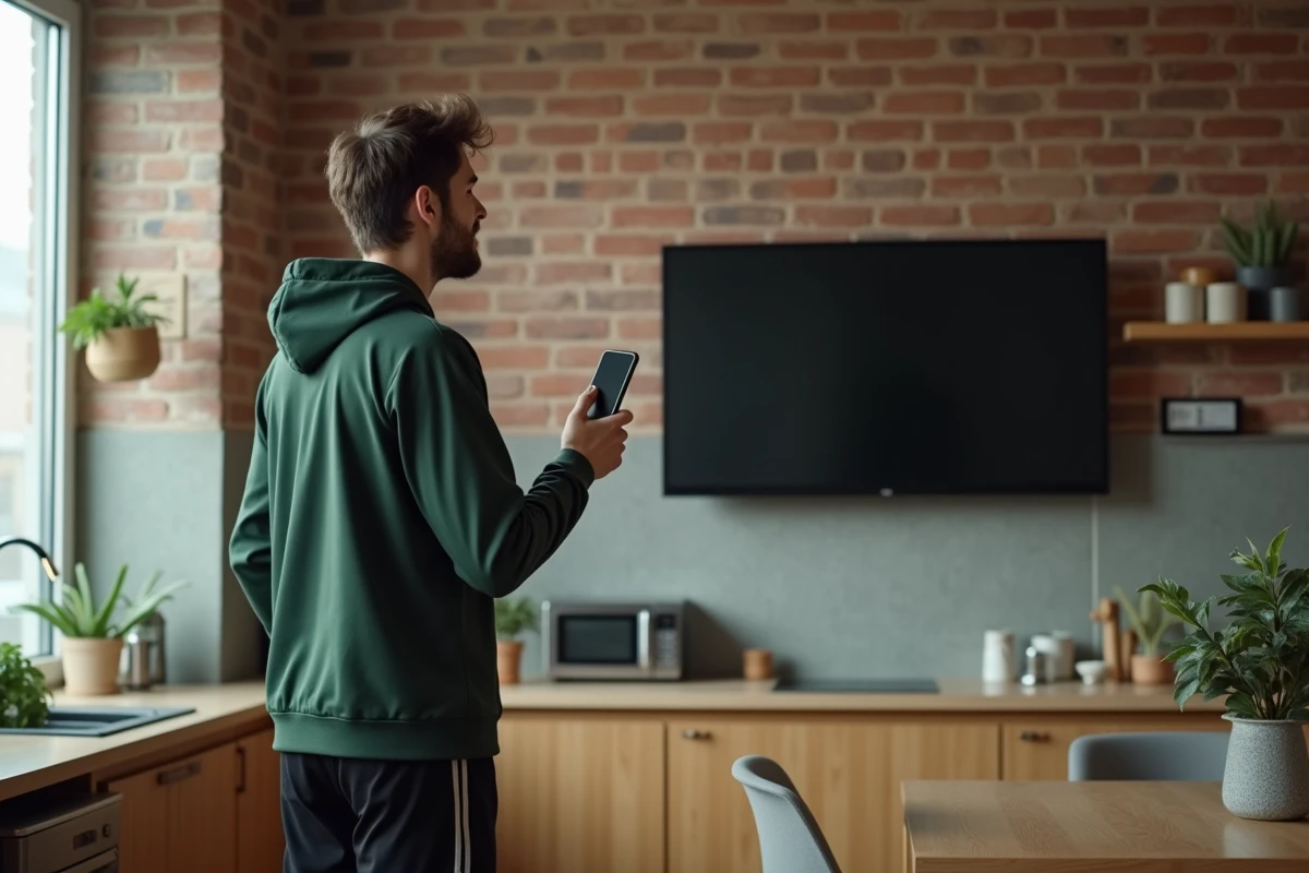 Jeune homme en cuisine tentant de caster sur la télévision