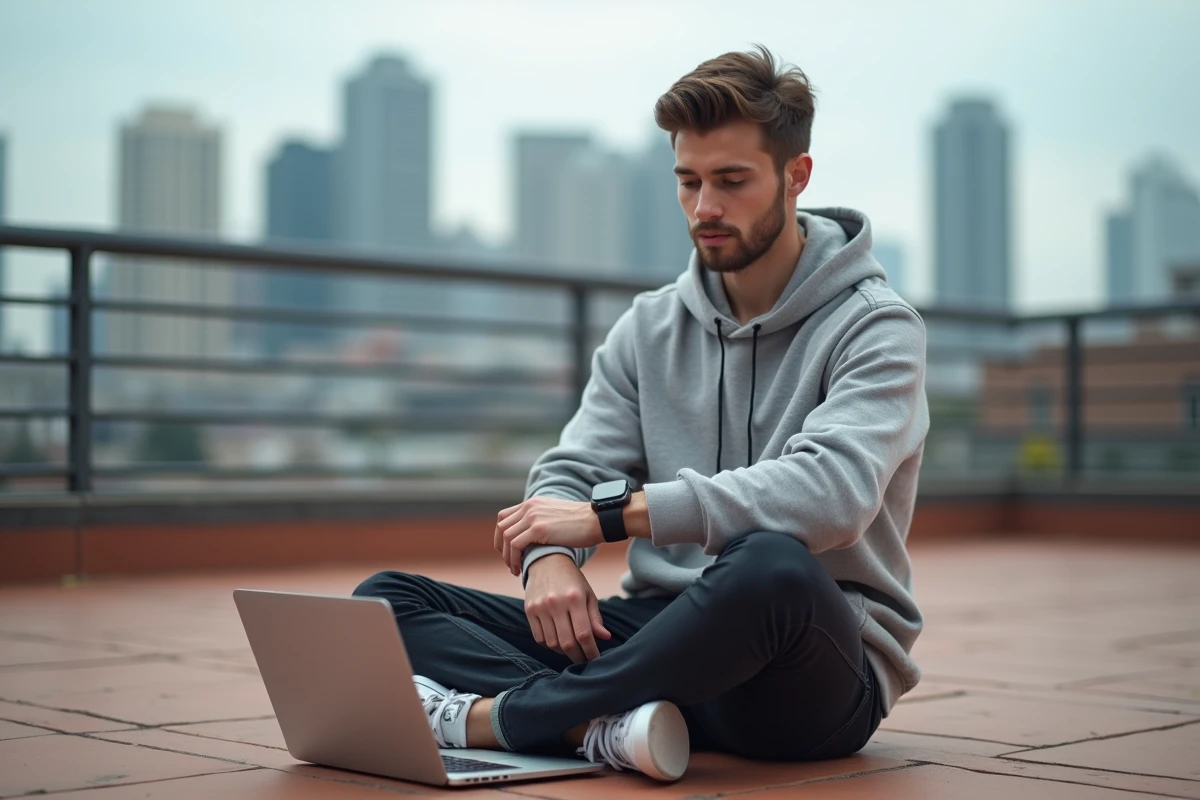 Jeune homme testant une smartwatch connectée sur une terrasse urbaine avec un ordinateur portable ouvert