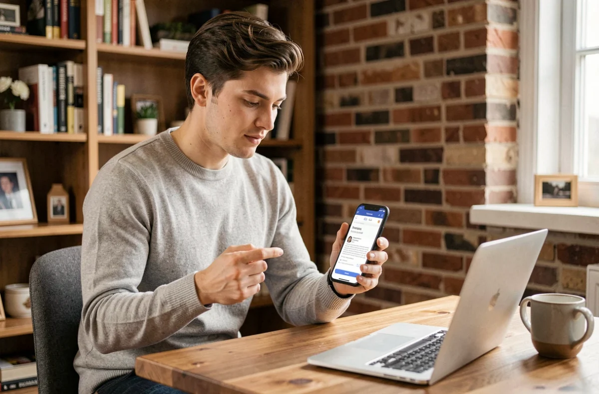 Jeune professionnel configurant sa signature d'e-mail sur smartphone et ordinateur portable depuis son bureau à domicile