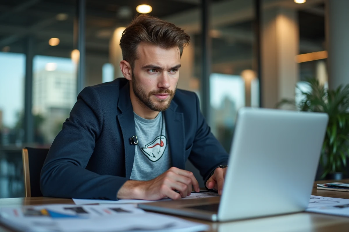 Journaliste sportif masculin travaillant dans une rédaction moderne entourée de magazines sportifs et d'outils numériques d'analyse, symbolisant l'actualité et les tendances sportives contemporaines