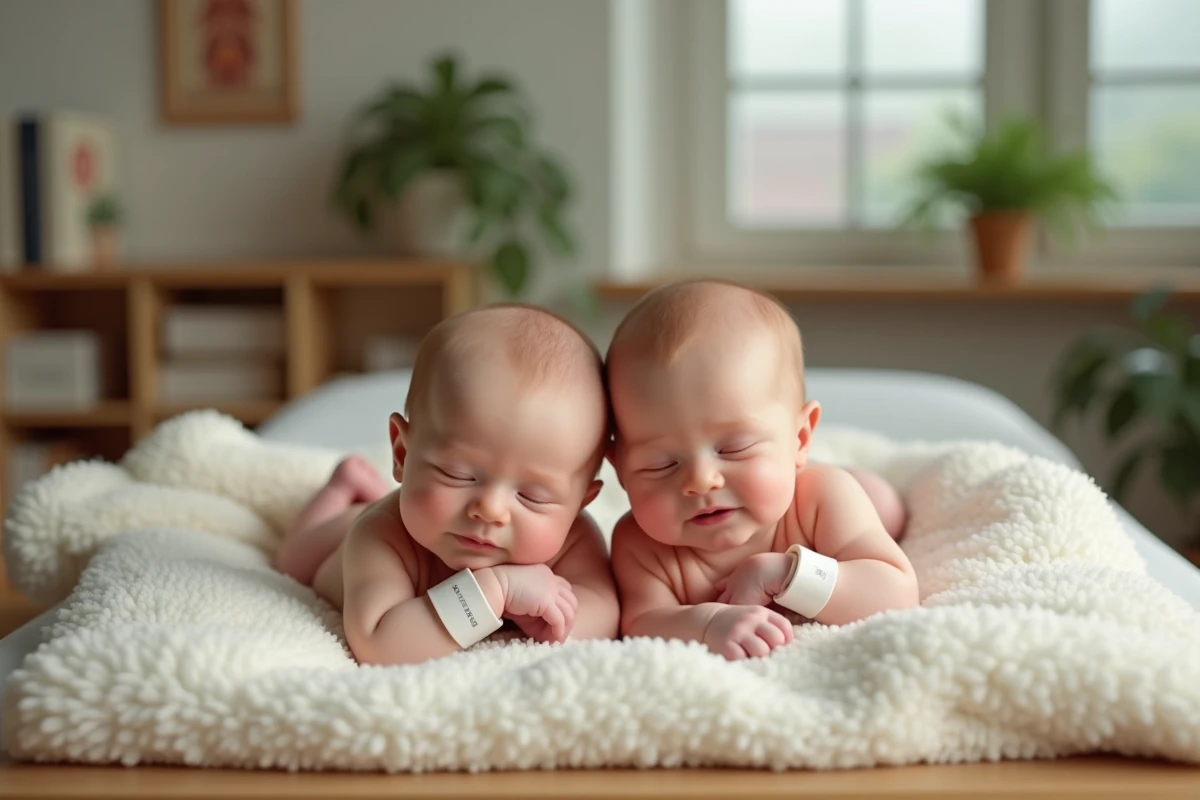 Deux bébés jumeaux nouveau-nés allongés côte à côte sur une table pédiatrique avec des bracelets d'identification hospitaliers