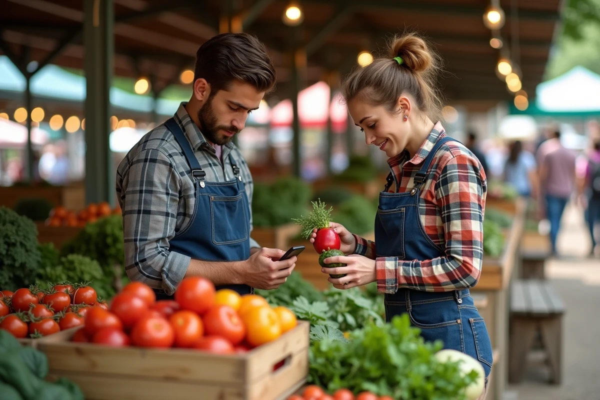 Jeunes vendeurs au marché avec légumes frais