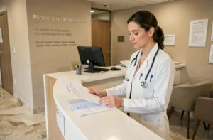 Médecin femme en blouse blanche consultant un dossier médical à l'accueil d'une clinique privée moderne à Lyon