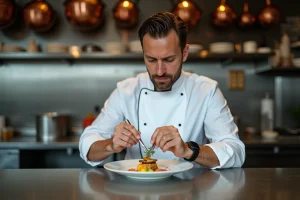 Chef cuisinier étoilé en train de dresser un plat gastronomique avec précision dans une cuisine professionnelle