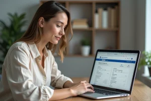 Femme modifiant ses informations passagers sur le site d'enregistrement en ligne de Turkish Airlines depuis son bureau à domicile