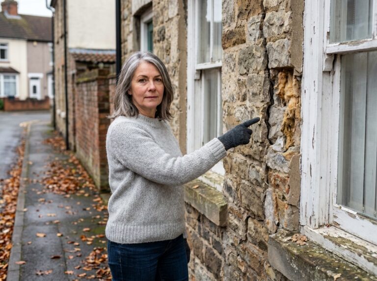 Femme devant une maison ancienne mal isolée pointant les défauts de l'enveloppe thermique du bâtiment