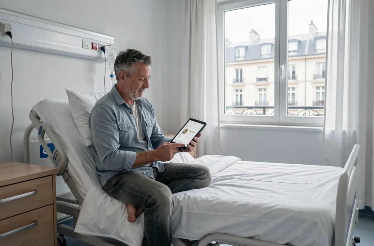 Patient masculin dans une chambre privée confortable d'une clinique à Lyon consultant des informations médicales sur tablette