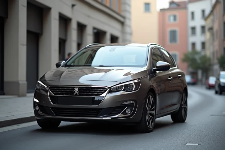 Peugeot 308 en couleur gris artense métallisé photographiée de trois quarts avant dans un environnement urbain