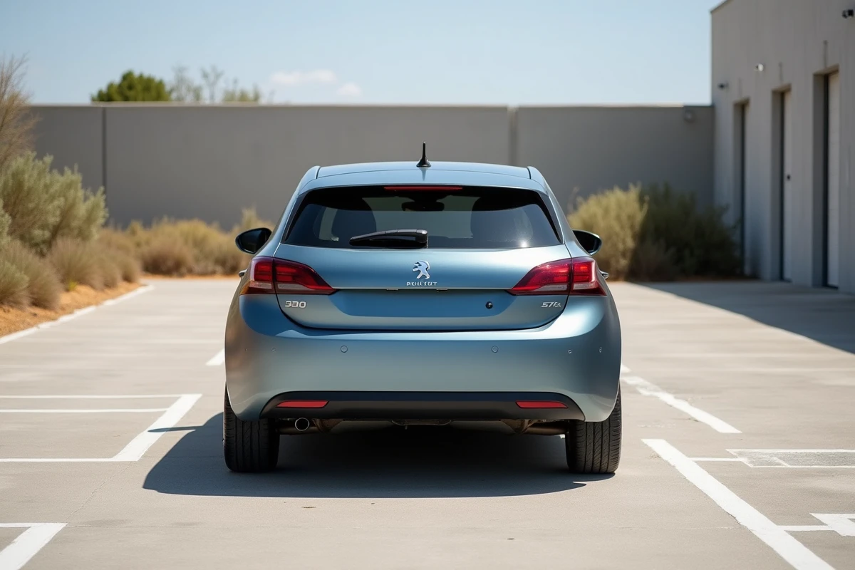 Peugeot 308 en gris sélenium vue de trois quarts arrière dans un parking arboré avec détail de la teinte métallisée bleue-grise