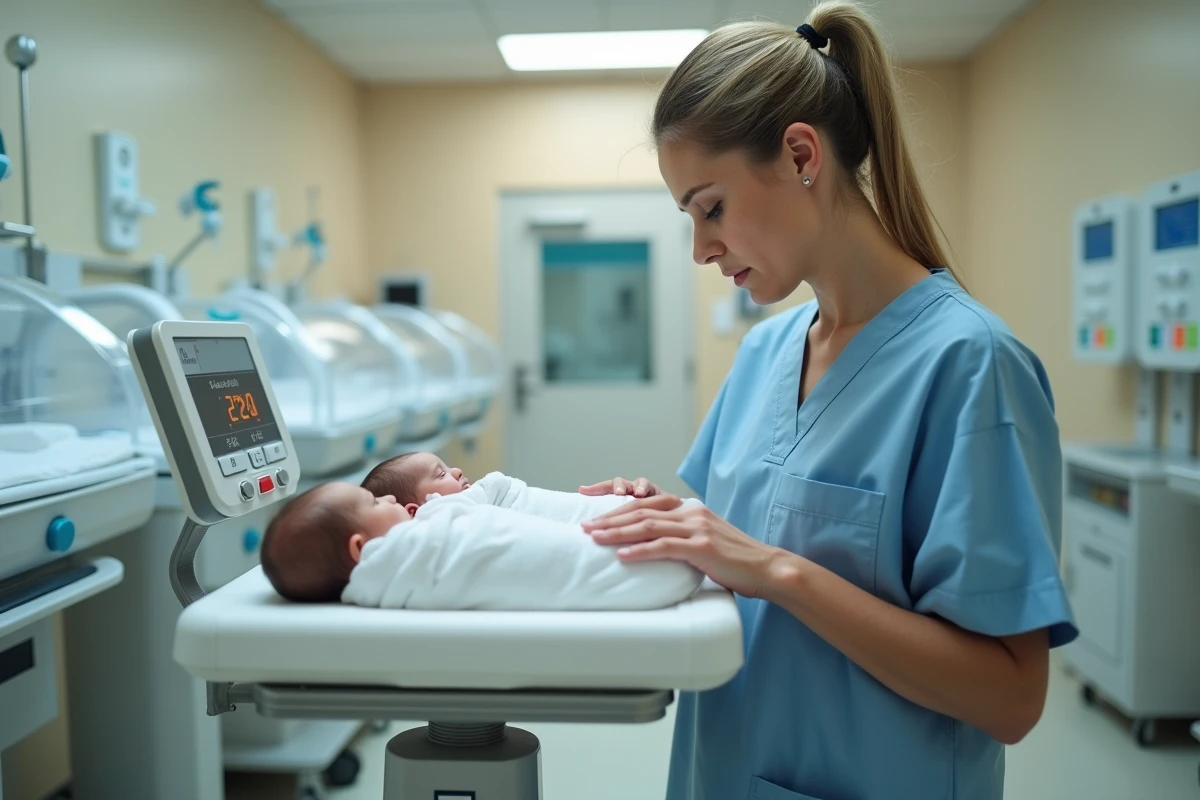 Néonatologue pesant deux bébés jumeaux nouveau-nés sur une balance médicale dans une maternité moderne