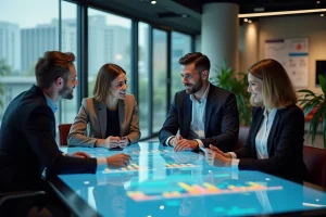 Groupe de professionnels autour d'une table digitale en bureau moderne