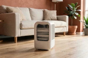 Rafraîchisseur d'air évaporatif blanc posé sur un parquet en chêne dans un salon contemporain