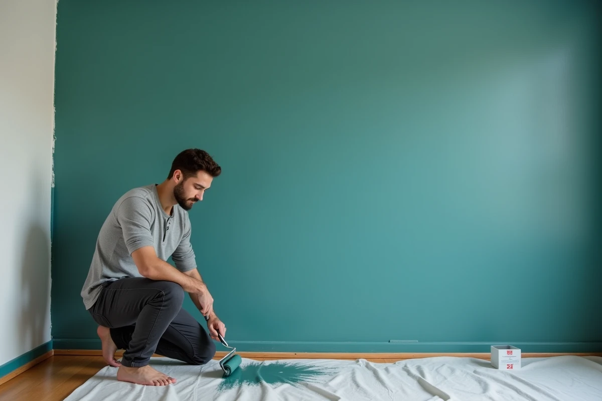 Homme peignant un mur en bleu canard dans un salon en cours de rénovation intérieure