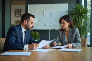 Réunion formelle entre un responsable RH et une employée discutant d'un avenant au contrat de travail concernant une modification de salaire