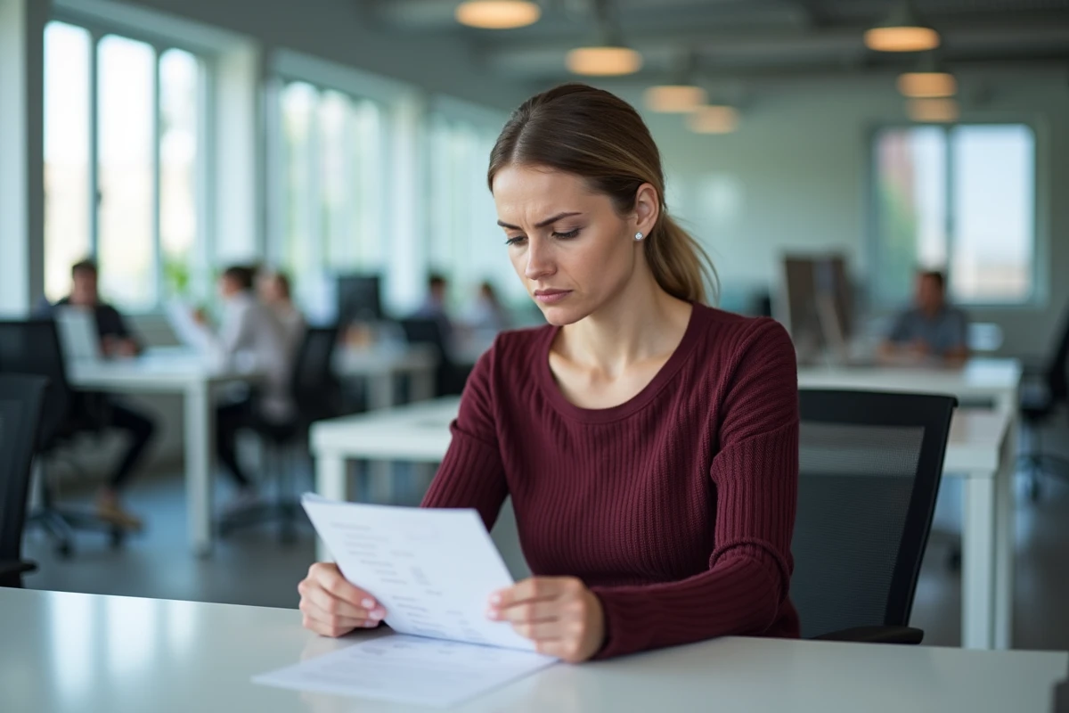 Employée examinant sa fiche de paie avec inquiétude suite à une baisse de salaire imposée par son employeur