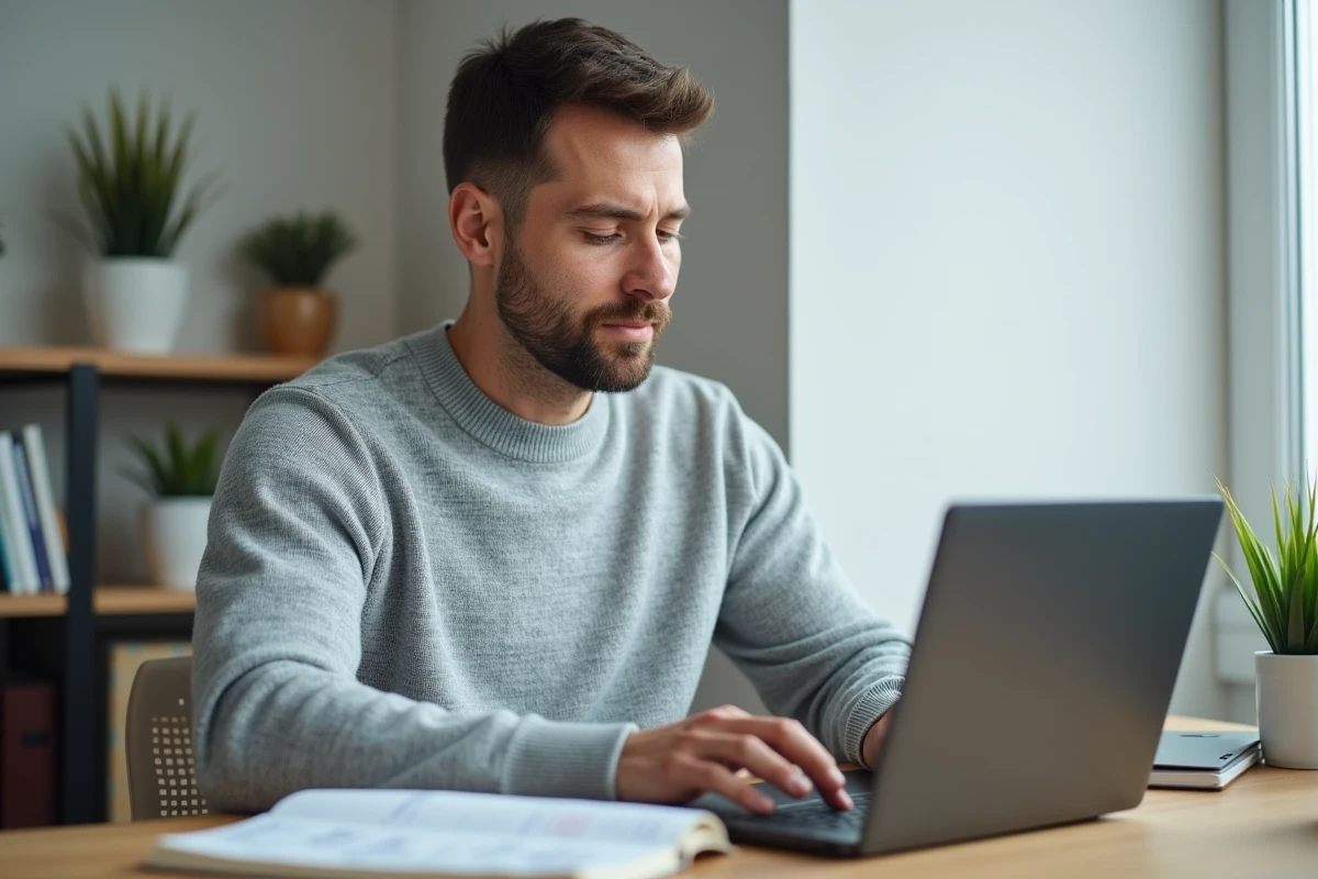 Homme calculant son budget pour un projet de crédit immobilier sur ordinateur à domicile