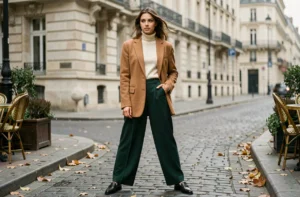 Femme élégante portant un blazer camel oversize et un pantalon vert forêt dans une rue pavée parisienne en automne