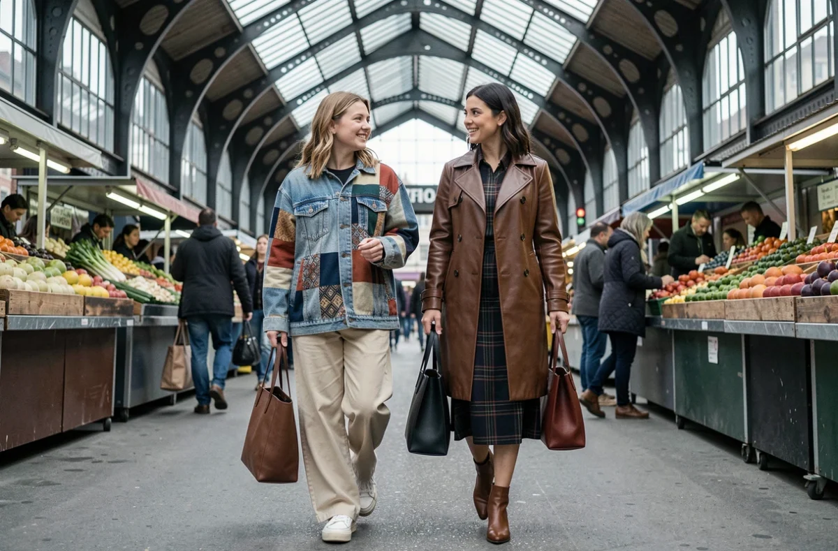 Deux femmes aux styles tendance contrastés marchant dans un marché couvert à architecture en fer forgé et verre