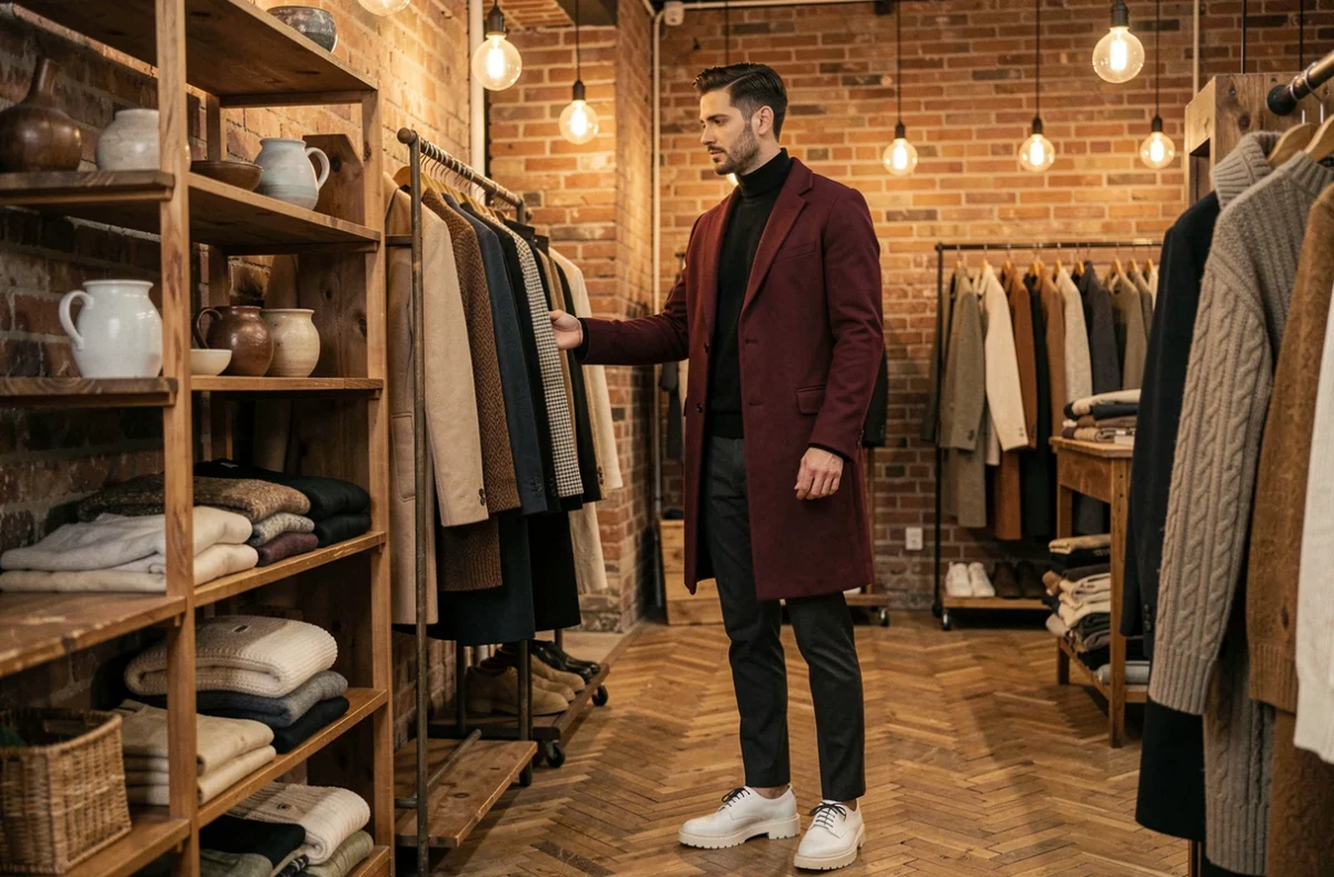 Homme tendance en manteau bordeaux et chaussures Derby épaisses dans une boutique vintage au décor en briques apparentes